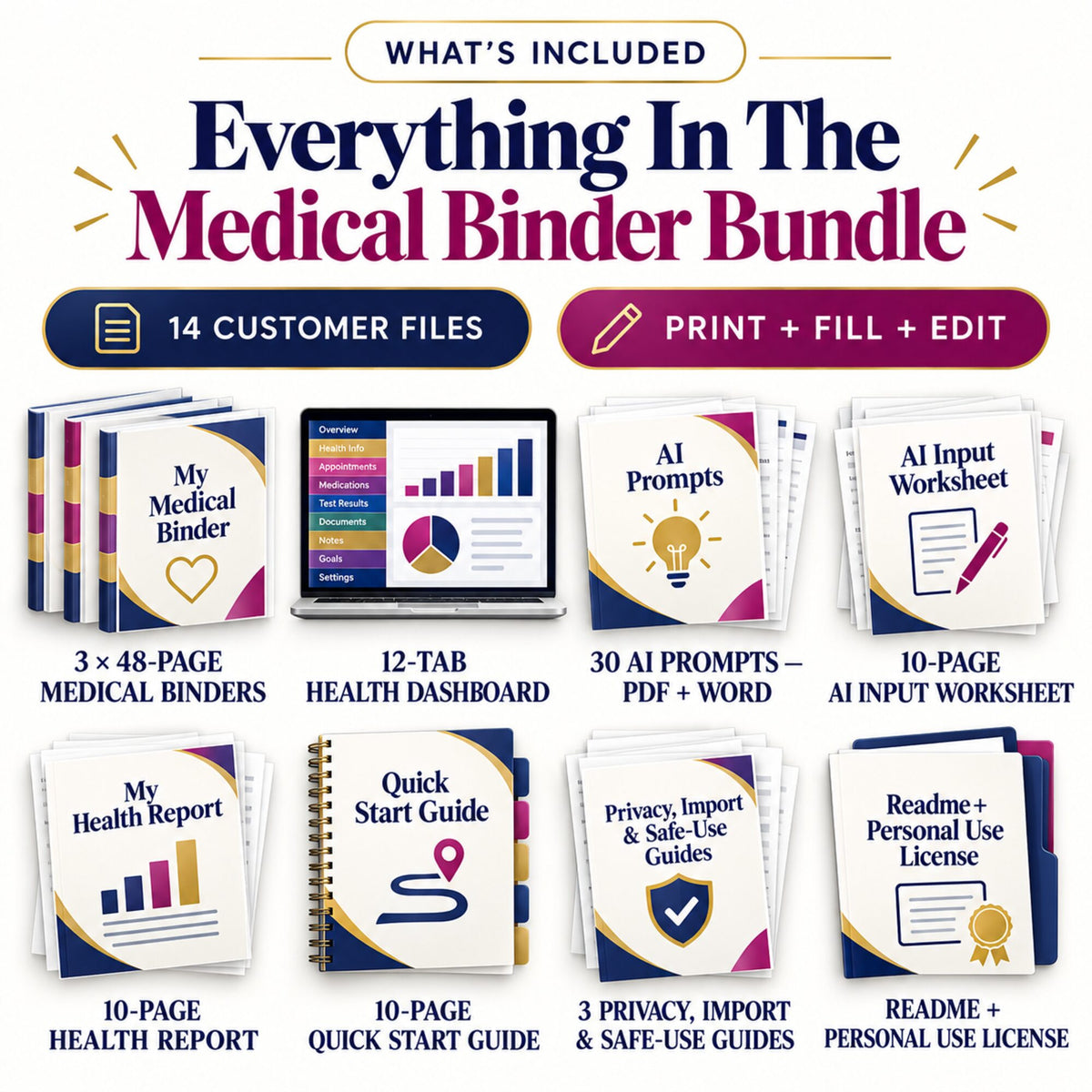 What is included in the medical binder bundle: 14 PDF Excel Word and text customer files