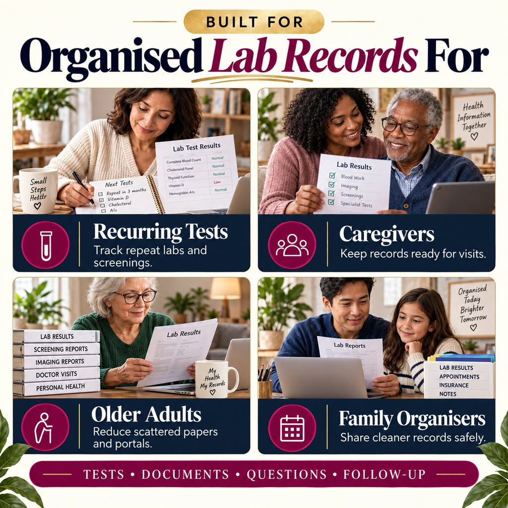 Medical test results tracker for recurring tests caregivers older adults and family organisers