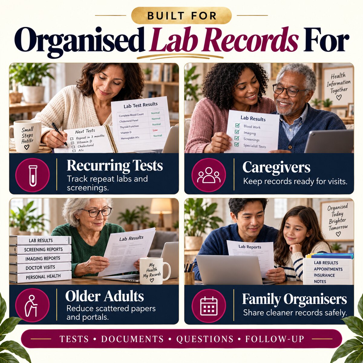Medical test results tracker for recurring tests caregivers older adults and family organisers