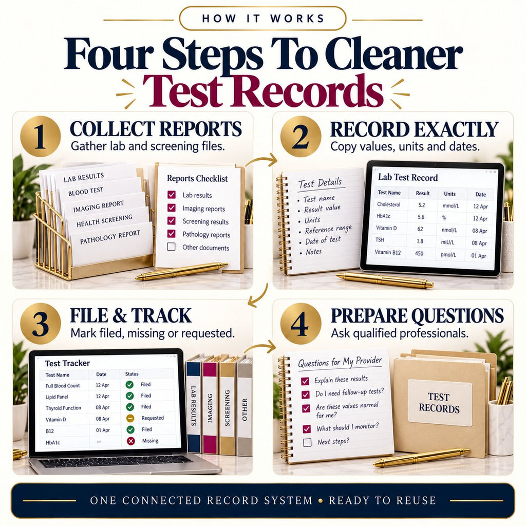 Four step workflow to collect record file track and prepare questions for medical test records