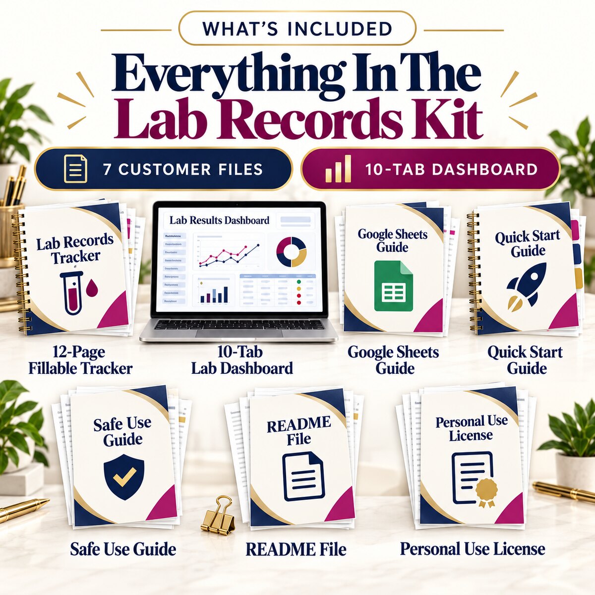 Seven customer files included in the Medical Test Results and Lab Records Tracker bundle