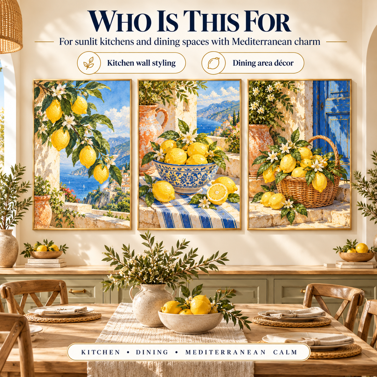 Mediterranean Lemon Grove wall art styled in a sunlit kitchen and dining area for kitchen wall styling and Mediterranean dining decor.