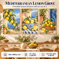 Mediterranean Lemon Grove printable lemon kitchen wall art set of 3 displayed in a warm sunlit kitchen dining space, with 7200 × 10800 px files, 24 × 36 in at 300 PPI and up to 40 × 60 in at 180 PPI.