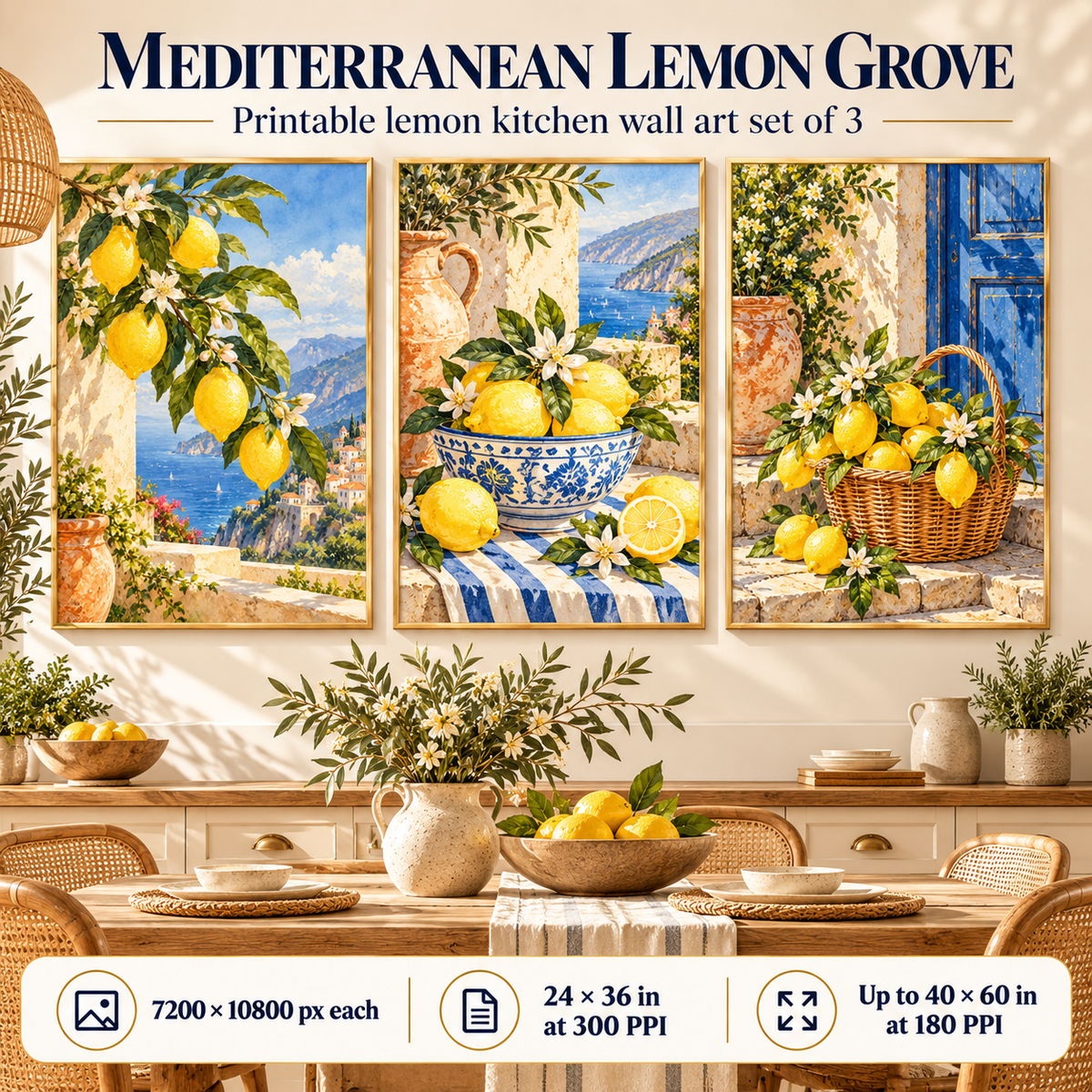 Mediterranean Lemon Grove printable lemon kitchen wall art set of 3 displayed in a warm sunlit kitchen dining space, with 7200 × 10800 px files, 24 × 36 in at 300 PPI and up to 40 × 60 in at 180 PPI.