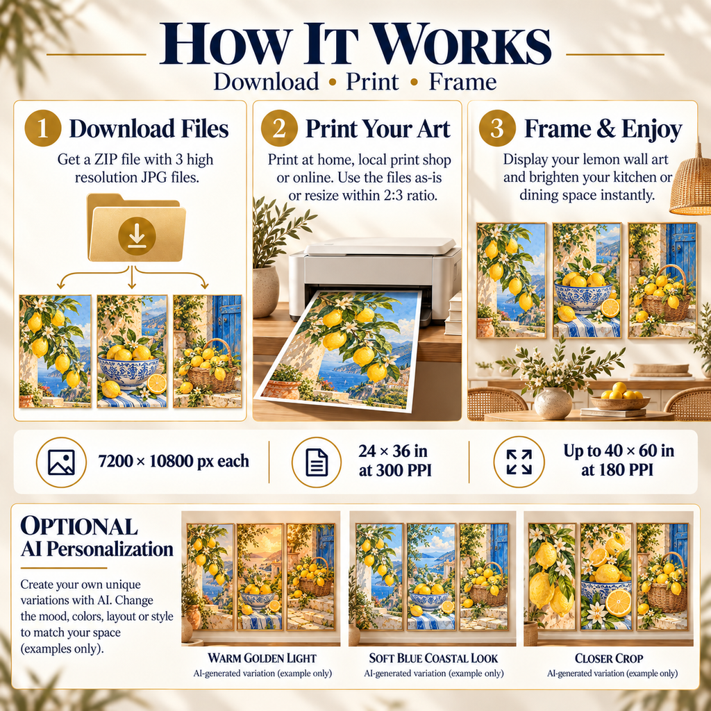 How Mediterranean Lemon Grove printable wall art works: download the 3 JPG files, print in 2:3 ratio, frame for a kitchen or dining space, with optional AI personalization examples.