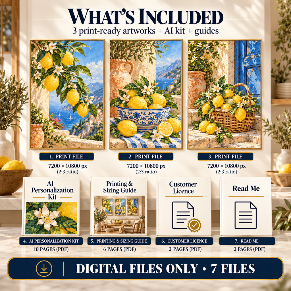What is included with Mediterranean Lemon Grove printable wall art: 3 high-resolution lemon artworks, AI Personalization Kit, Printing and Sizing Guide, Customer Licence and Read Me.