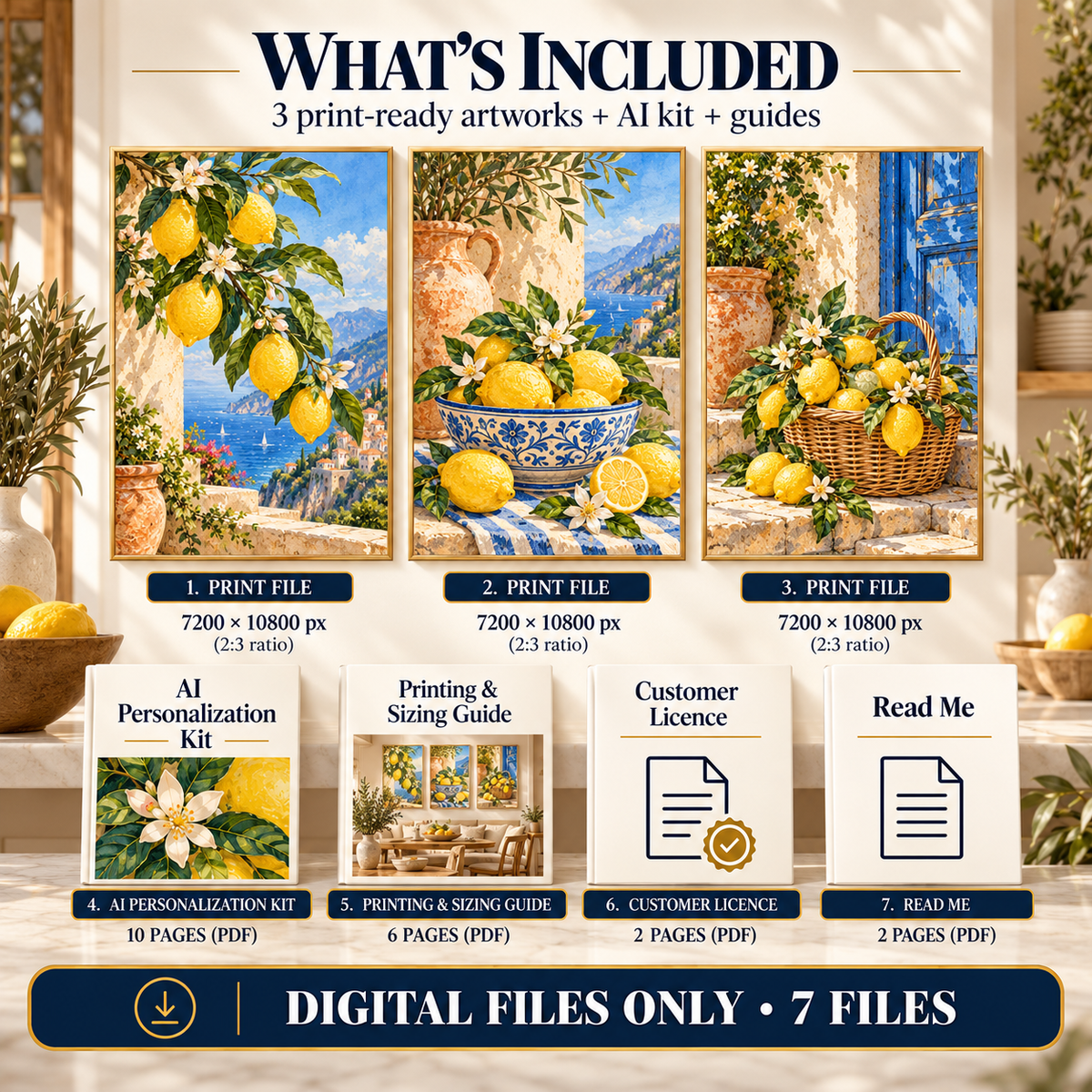 What is included with Mediterranean Lemon Grove printable wall art: 3 high-resolution lemon artworks, AI Personalization Kit, Printing and Sizing Guide, Customer Licence and Read Me.