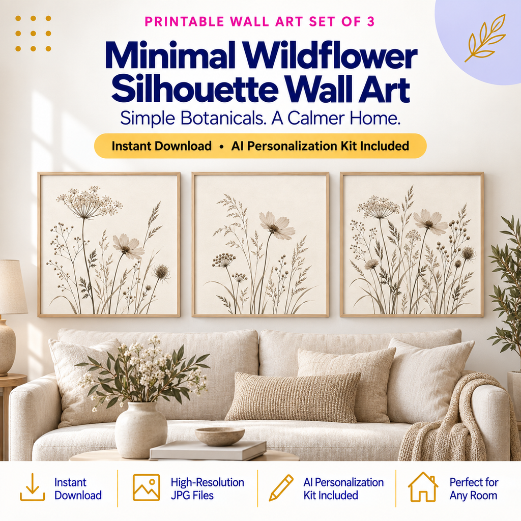 Minimal wildflower silhouette square wall art set of 3 with AI Personalization Kit instant download