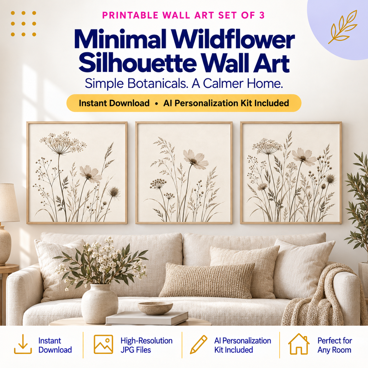 Minimal wildflower silhouette square wall art set of 3 with AI Personalization Kit instant download