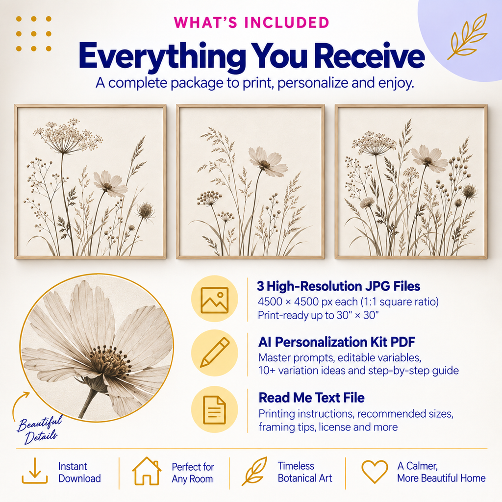 Minimal wildflower square wall art set includes three 4500x4500 JPG files AI Personalization Kit and Read Me guide