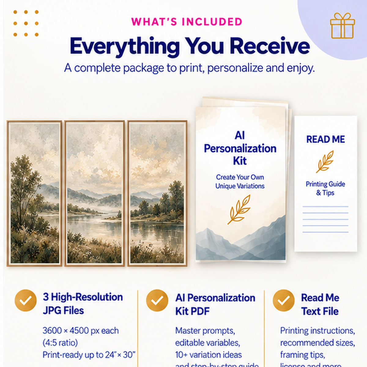Mist and Meadow triptych includes three 3600x4500 JPG wall art files AI Personalization Kit and printing guide