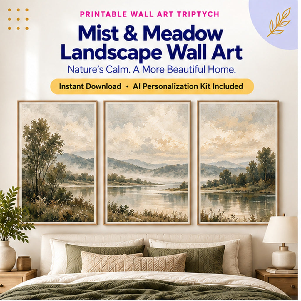 Mist and Meadow vintage landscape printable wall art triptych with AI Personalization Kit
