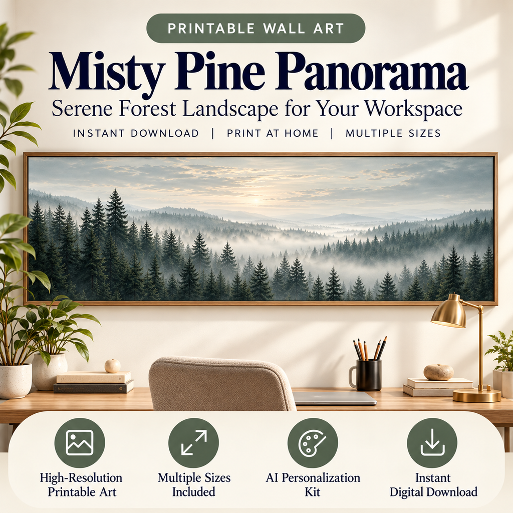Misty Pine Panorama printable wall art displayed in a warm home office with instant download and AI personalization kit.