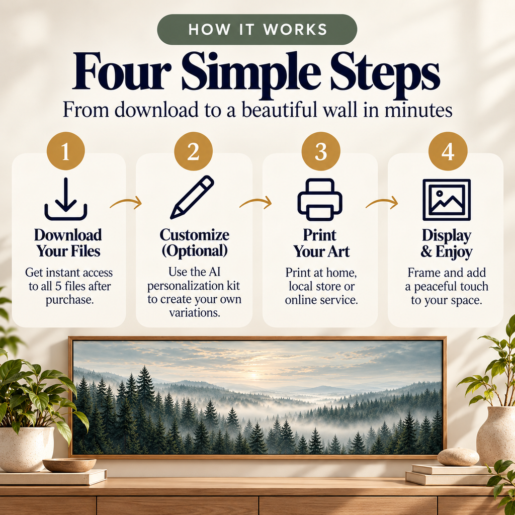 Misty Pine Panorama digital wall art four-step workflow from download and optional customization to printing and display.