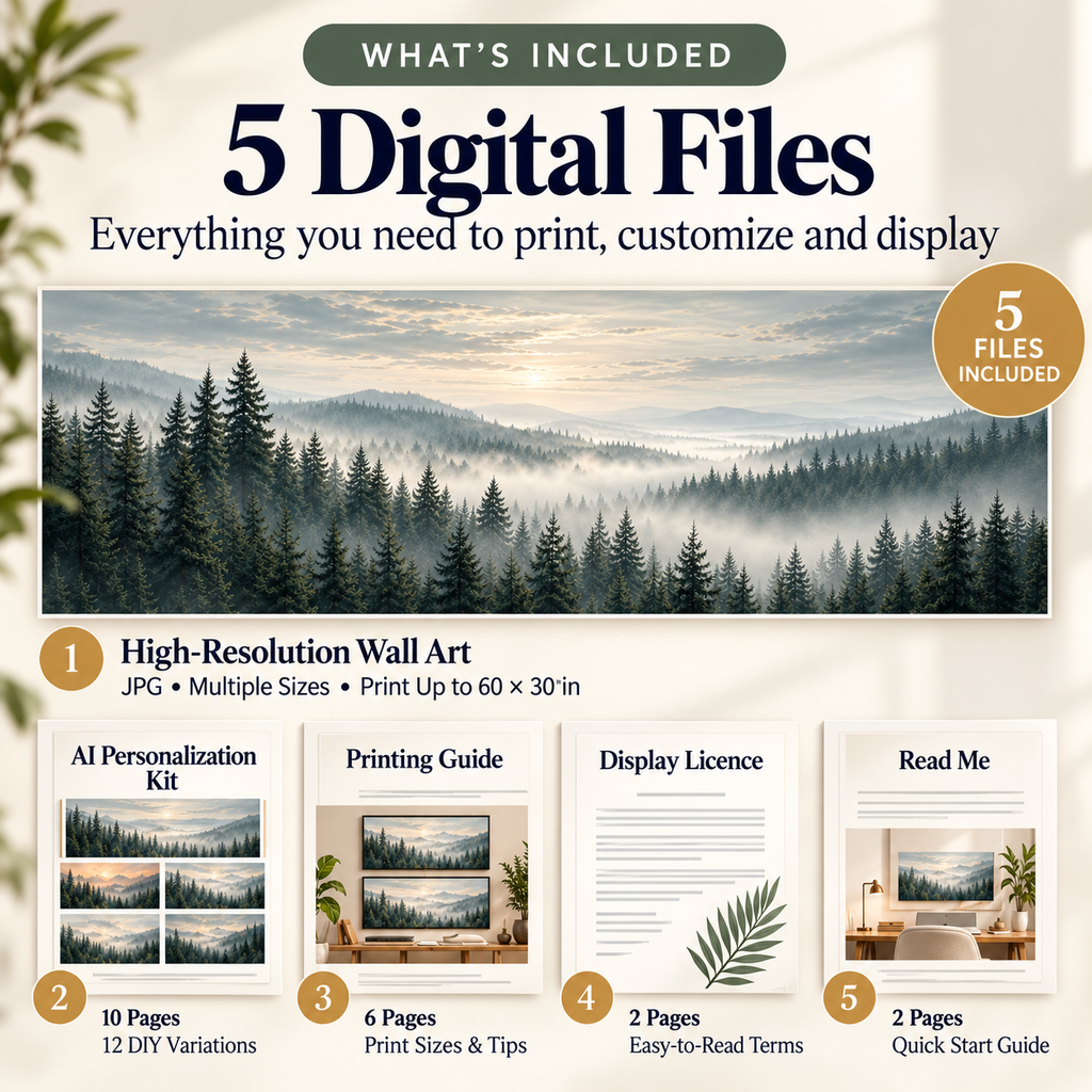 Misty Pine Panorama digital download contents with high-resolution wall art, AI personalization kit, printing guide, licence and read me.