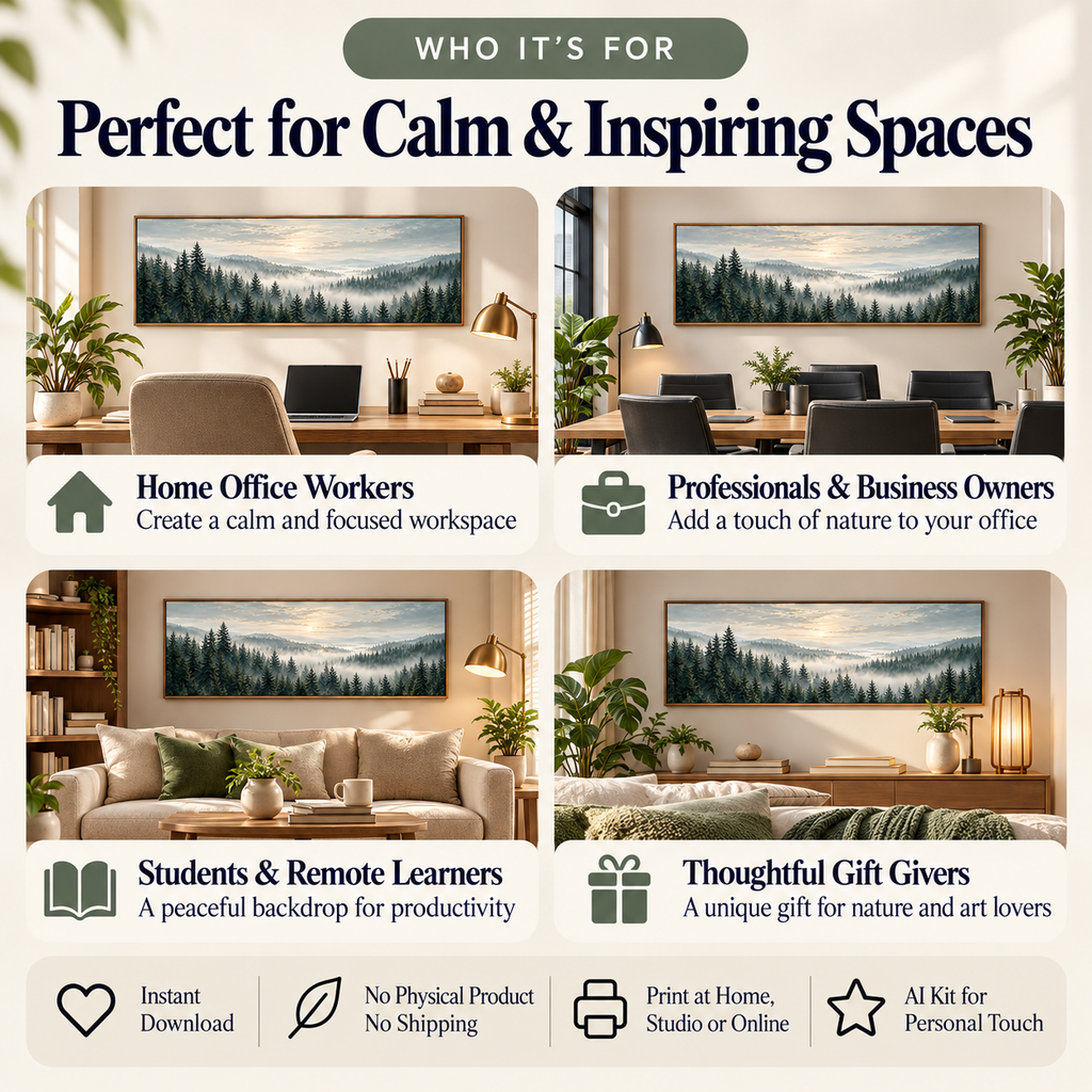 Misty Pine Panorama printable wall art shown in home office, business, study and gift settings.