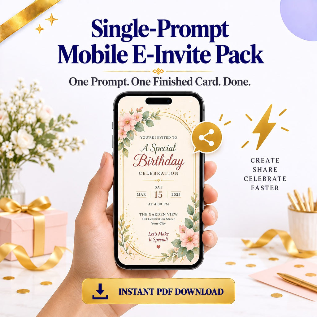 Single-Prompt Mobile E-Invite Pack | One Prompt, One Finished Card | Instant Download PDF