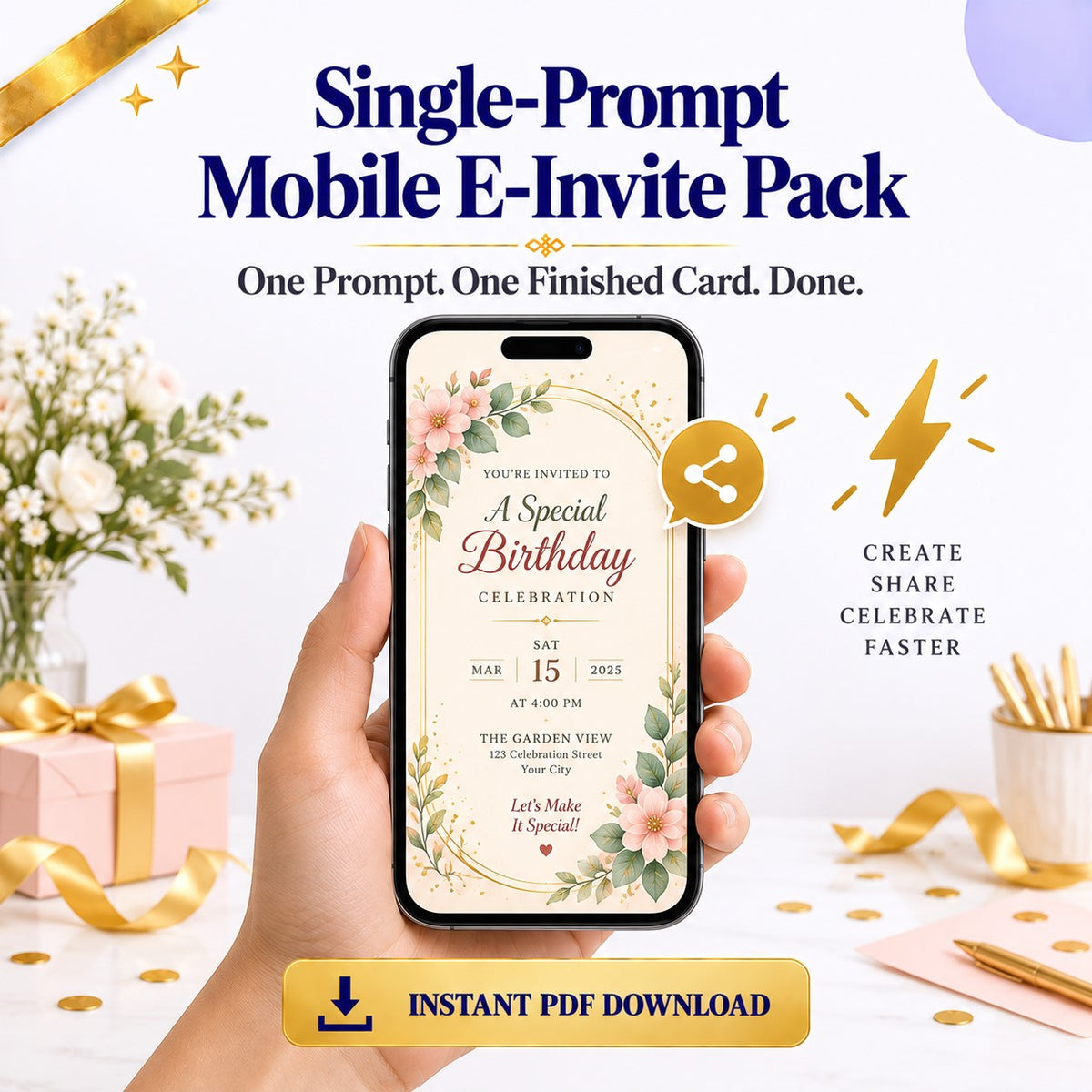 Single-Prompt Mobile E-Invite Pack | One Prompt, One Finished Card | Instant Download PDF