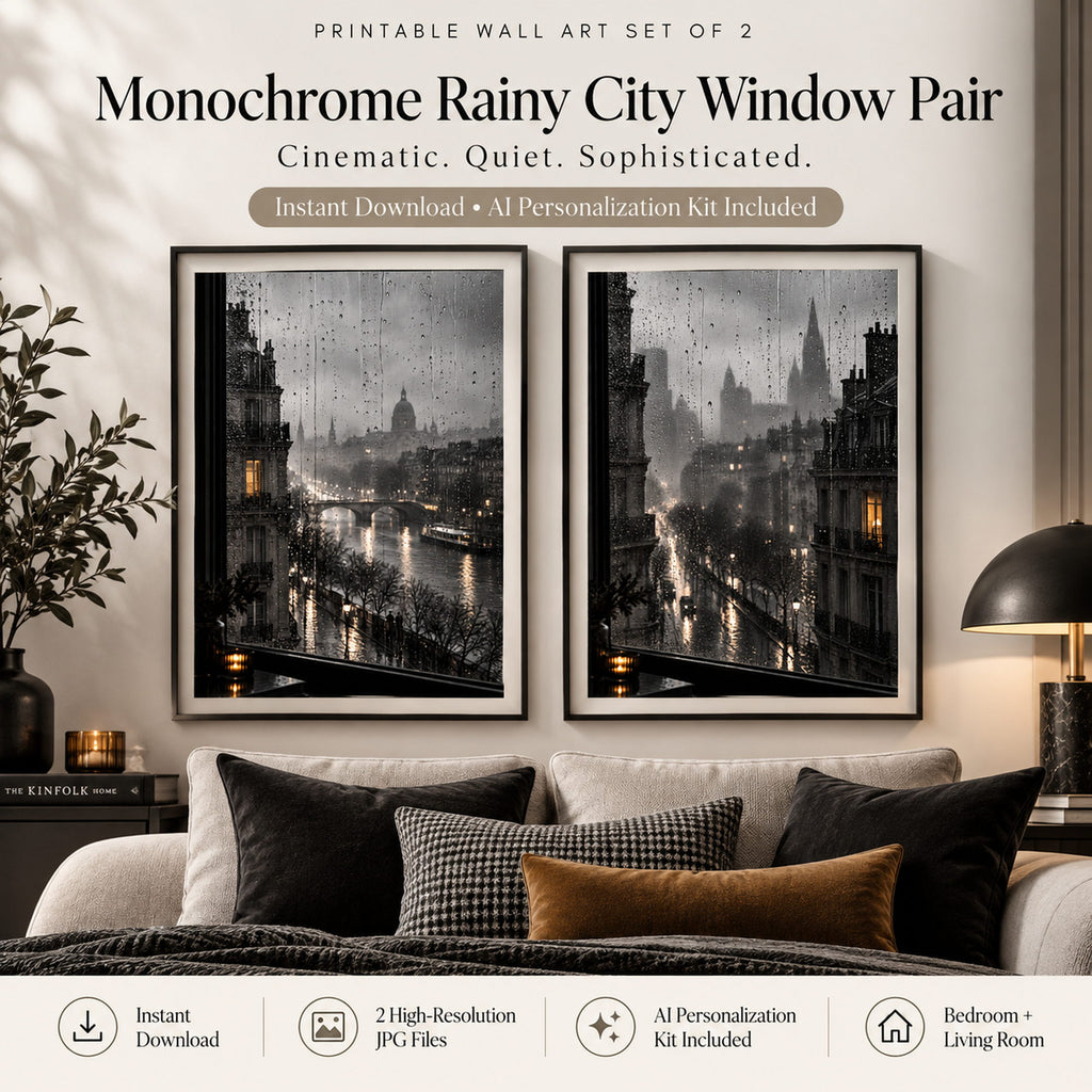 Black and white rainy city wall art pair in a sophisticated bedroom with graphite tones and subtle amber light