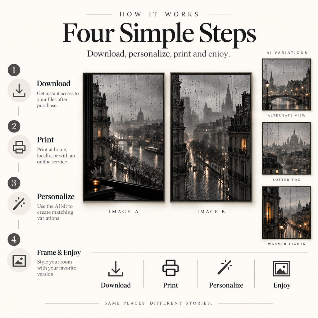 How to download, print, personalize and frame monochrome rainy city wall art with AI variation examples