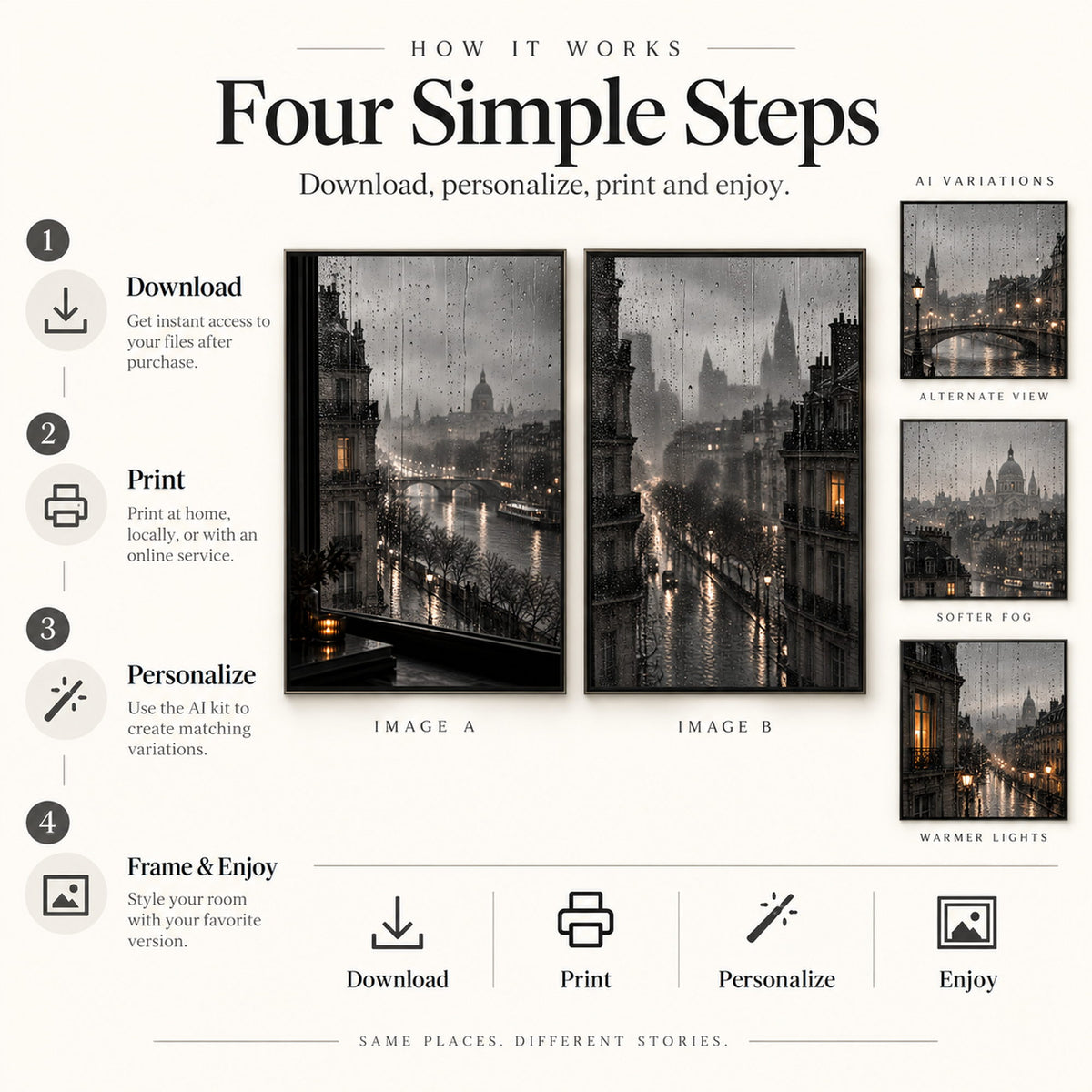 How to download, print, personalize and frame monochrome rainy city wall art with AI variation examples