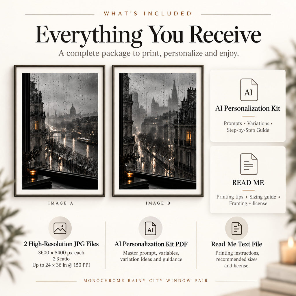Monochrome Rainy City Window Pair digital download with 2 high-resolution JPG files, AI Personalization Kit PDF and printing guide