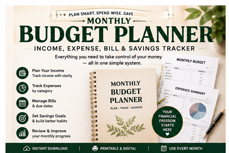 Monthly Budget Planner — income, expenses, bills and savings tracker