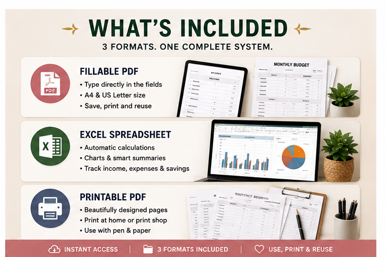 What's included: fillable PDF, Excel spreadsheet and printable PDF