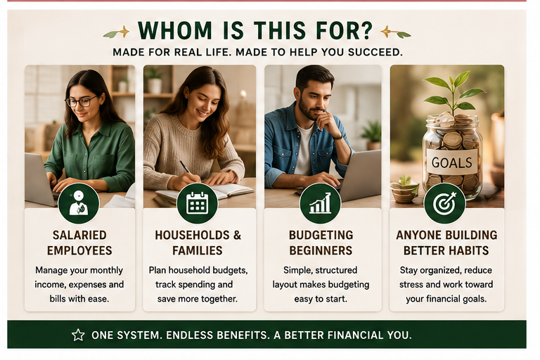 Whom the Monthly Budget Planner is for: employees, households, beginners and goal setters