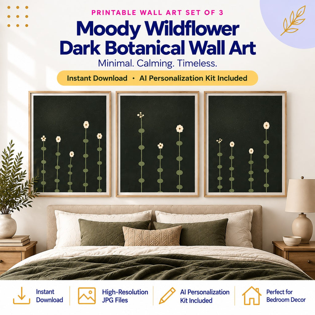 Moody Wildflower Dark Botanical Bedroom Wall Art Triptych + AI Personalization Kit | Instant Download