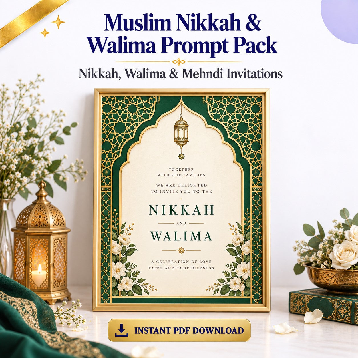 Muslim Nikkah &amp; Walima Invitation Prompt Pack | Nikkah, Walima &amp; Mehndi | Instant Download PDF