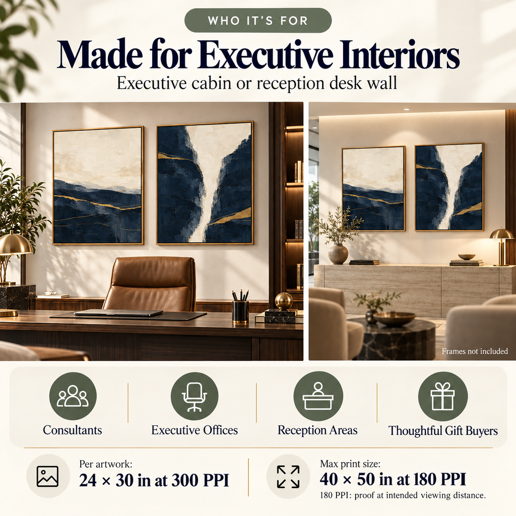 Navy Brass Horizons printable wall art shown in executive office and reception settings.