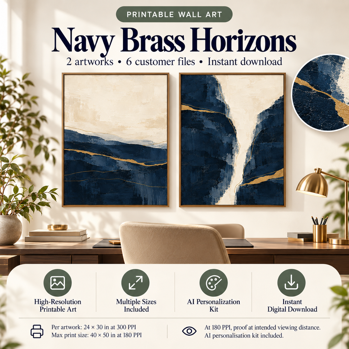Navy Brass Horizons printable wall art displayed in an executive office, 2 coordinated 4:5 artworks.