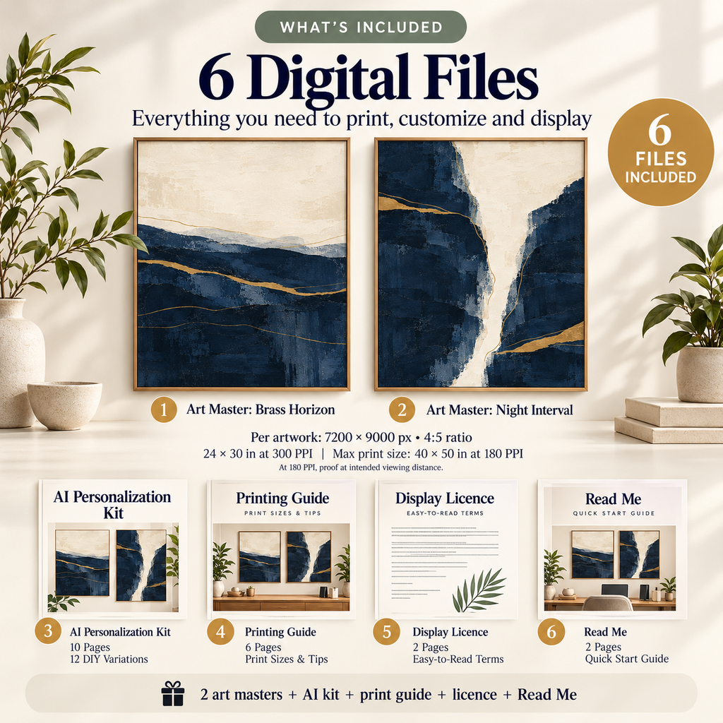 Navy Brass Horizons printable wall art set with 2 artwork masters and four supporting PDF guides.