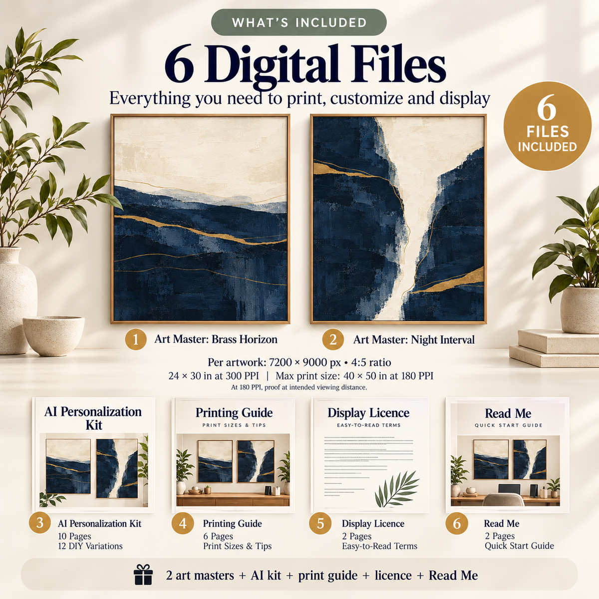 Navy Brass Horizons printable wall art set with 2 artwork masters and four supporting PDF guides.