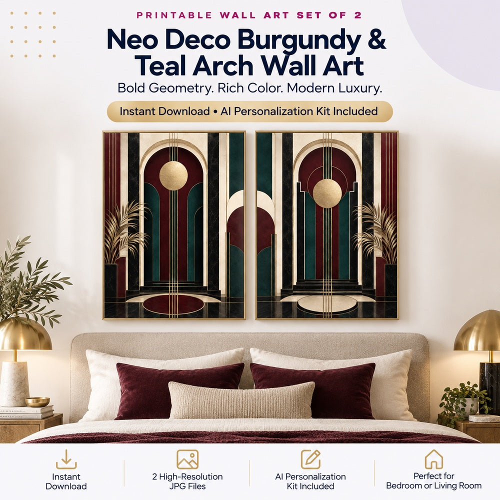 Neo Deco burgundy and teal wall art set of 2 for bedroom and living room with AI Personalization Kit
