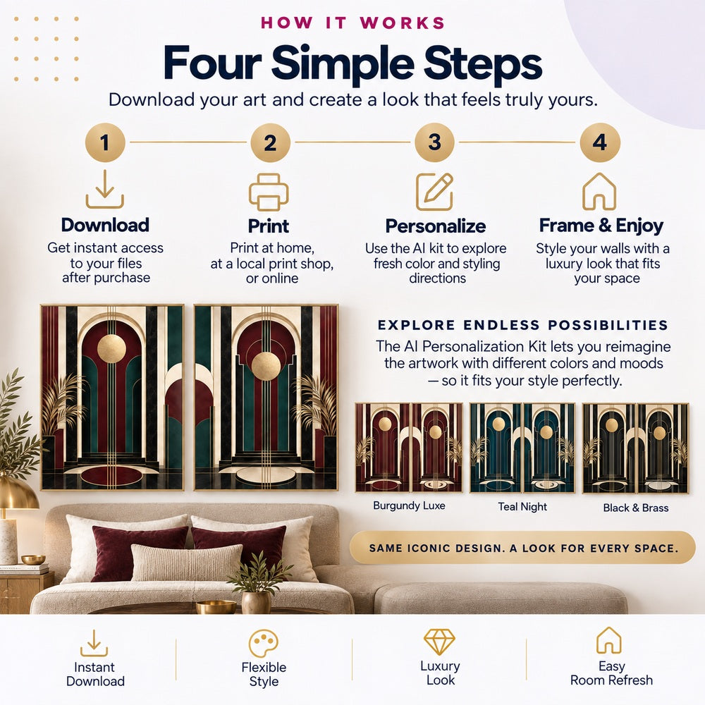 How to download print frame and personalize Neo Deco wall art with Burgundy Luxe Teal Night and Black and Brass AI variations