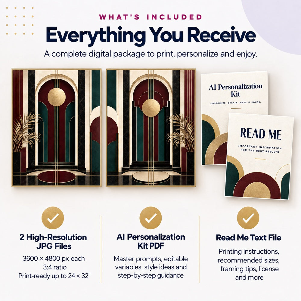 Neo Deco burgundy teal wall art set includes two 3600x4800 JPG files AI Personalization Kit and printing guide