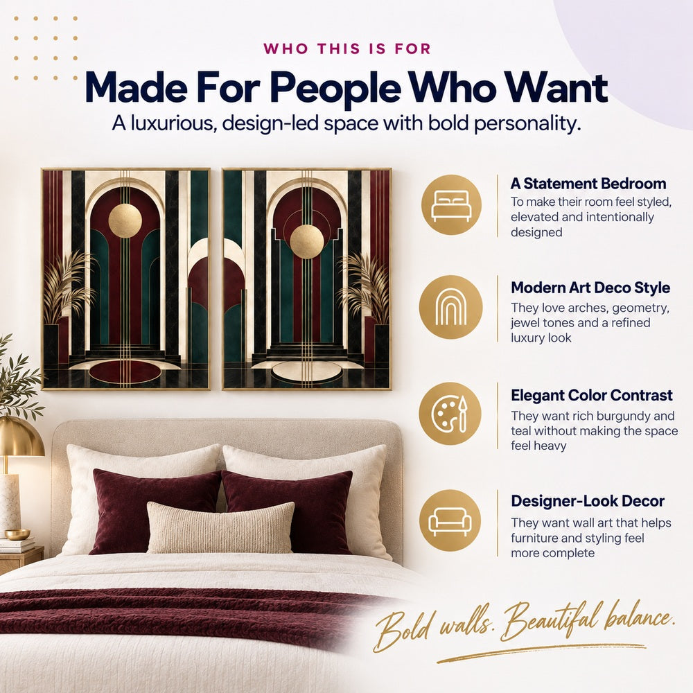 Art Deco wall art set for statement bedrooms luxury living rooms and jewel tone interiors