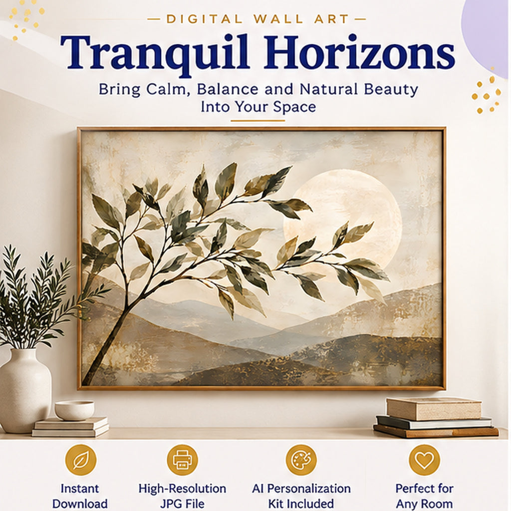 Neutral Japandi botanical printable wall art with AI personalization kit