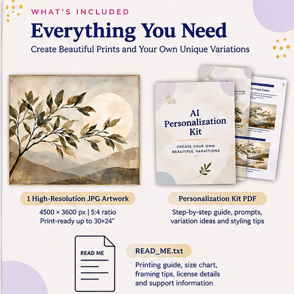 Japandi botanical wall art package with high-resolution JPG AI personalization kit and printing guide