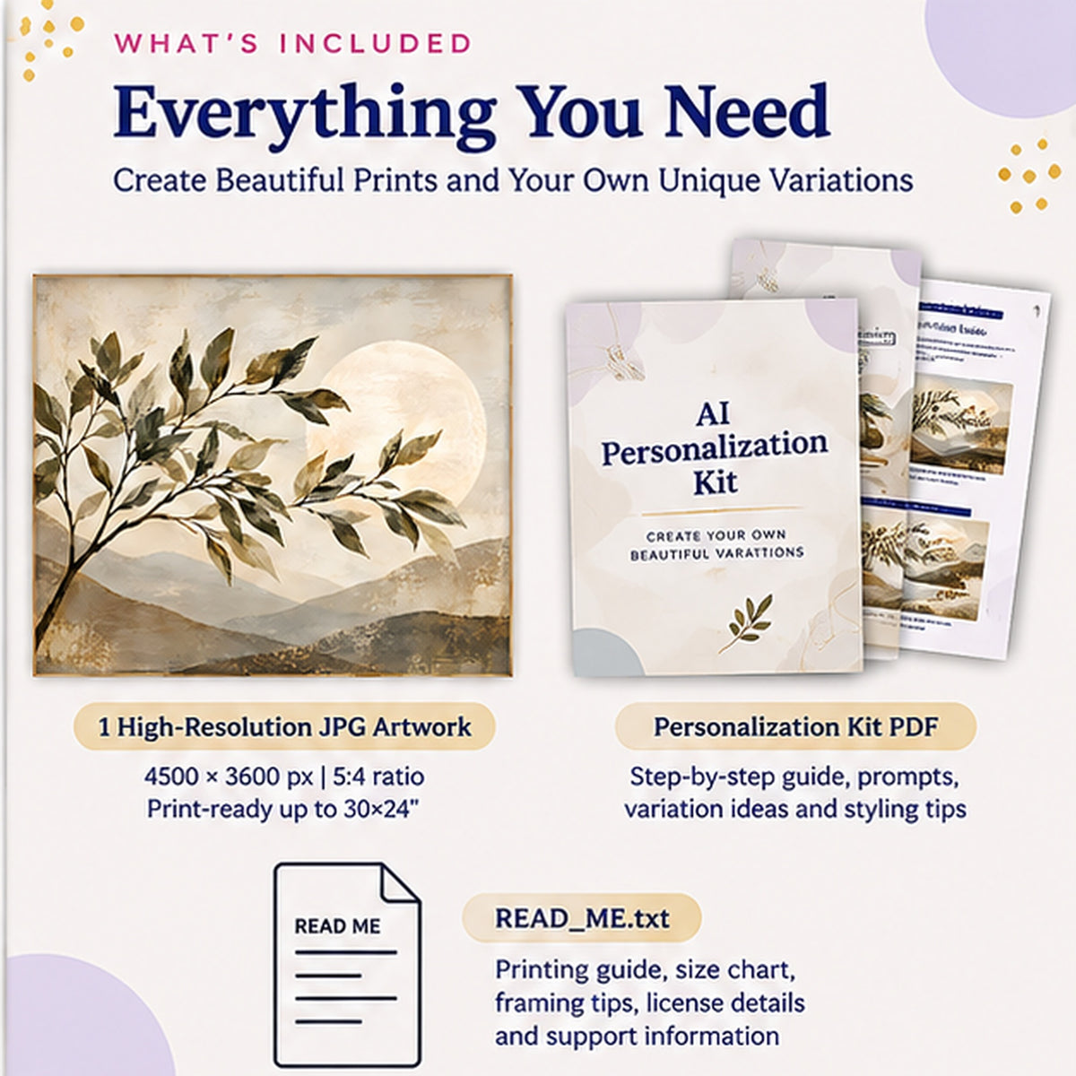 Japandi botanical wall art package with high-resolution JPG AI personalization kit and printing guide
