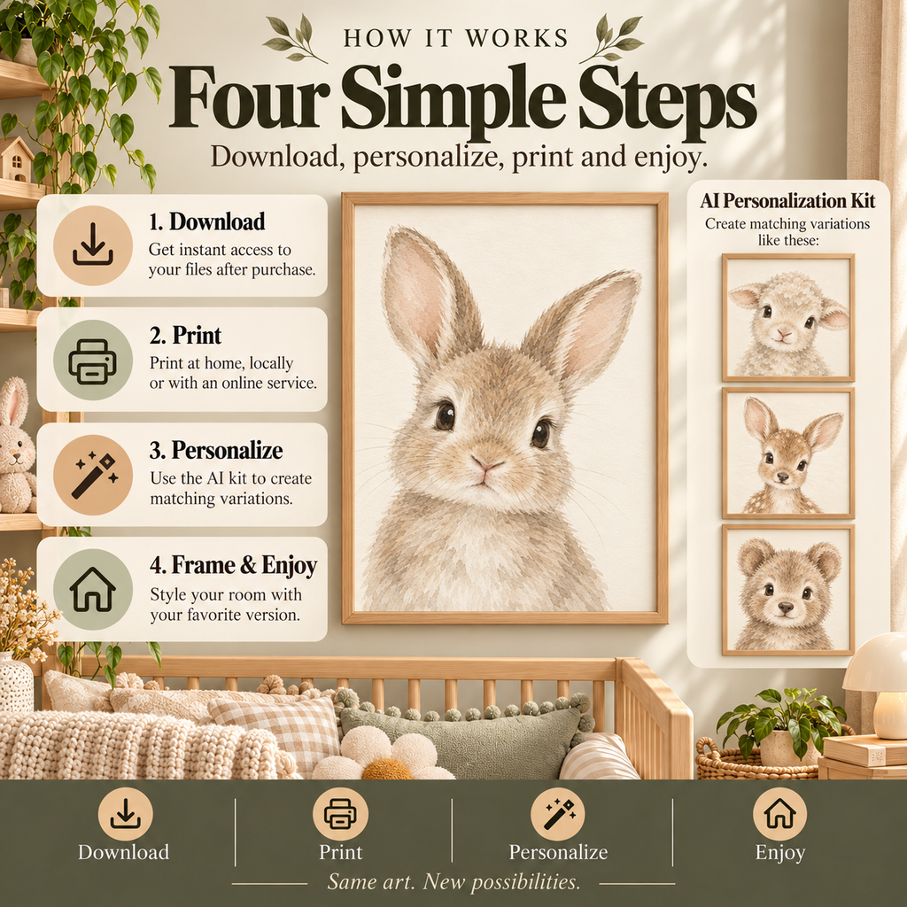 How to use neutral nursery wall art: download, choose a compatible 4 to 5 print size, print and frame, and create matching variations with the AI kit