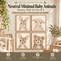 Neutral nursery wall art set of 4 with bunny, lamb, fawn and bear cub portraits in soft beige and cream tones