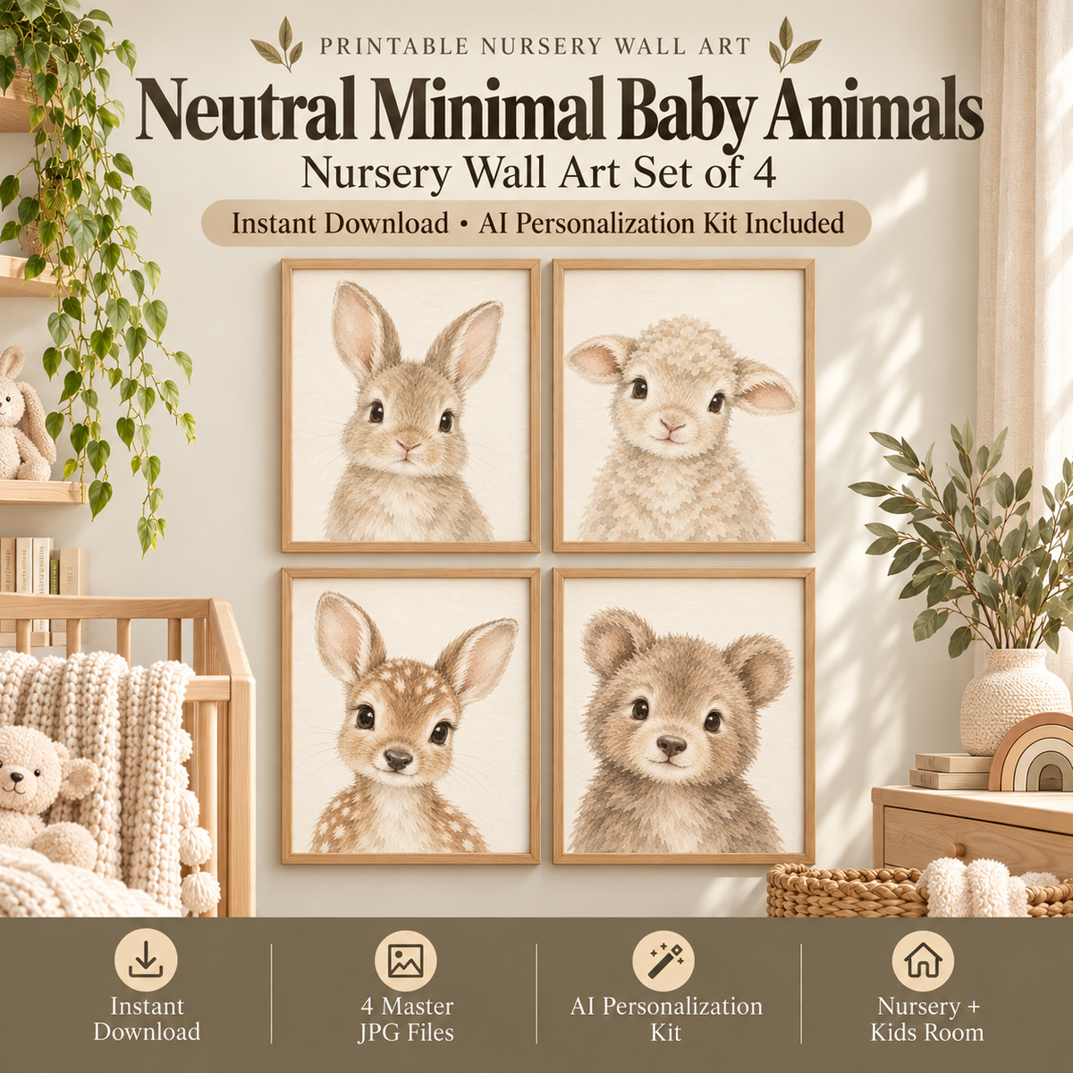 Neutral nursery wall art set of 4 with bunny, lamb, fawn and bear cub portraits in soft beige and cream tones