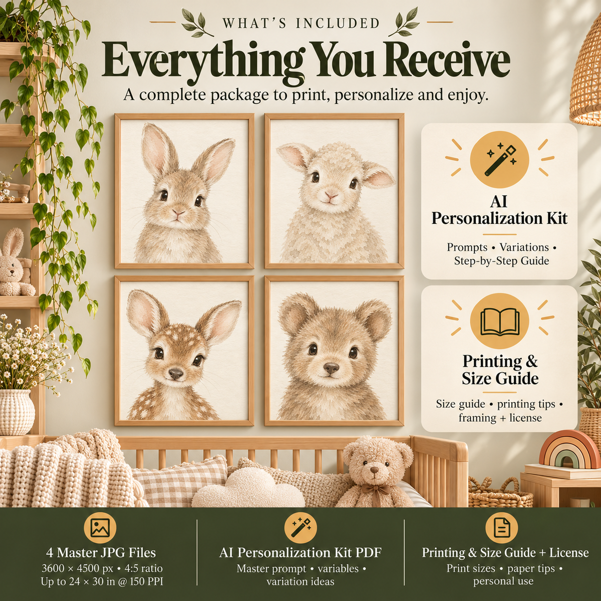 Neutral nursery prints download with four 3600 by 4500 px master JPGs, AI Personalized Kit, printing guide and personal-use license
