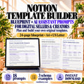 Notion Template Builder Blueprint for digital sellers and creators, showing the editable guide, resource schema and reading-tracker sample records.