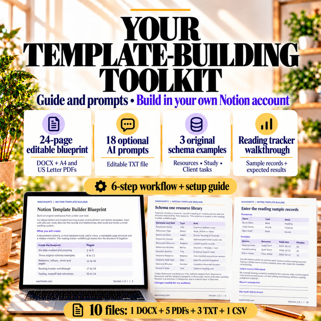 Notion builder toolkit contents: 24-page blueprint, 18 prompts, three schema examples and ten downloadable files.