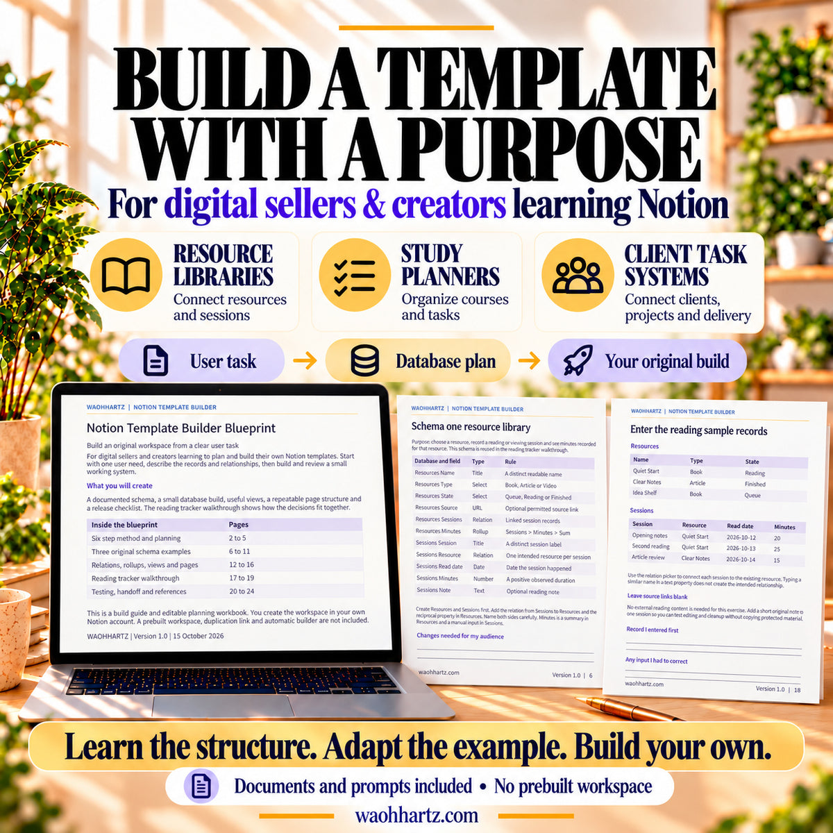 Notion template builder guide use cases for resource libraries, study planners and client task systems, with document previews.