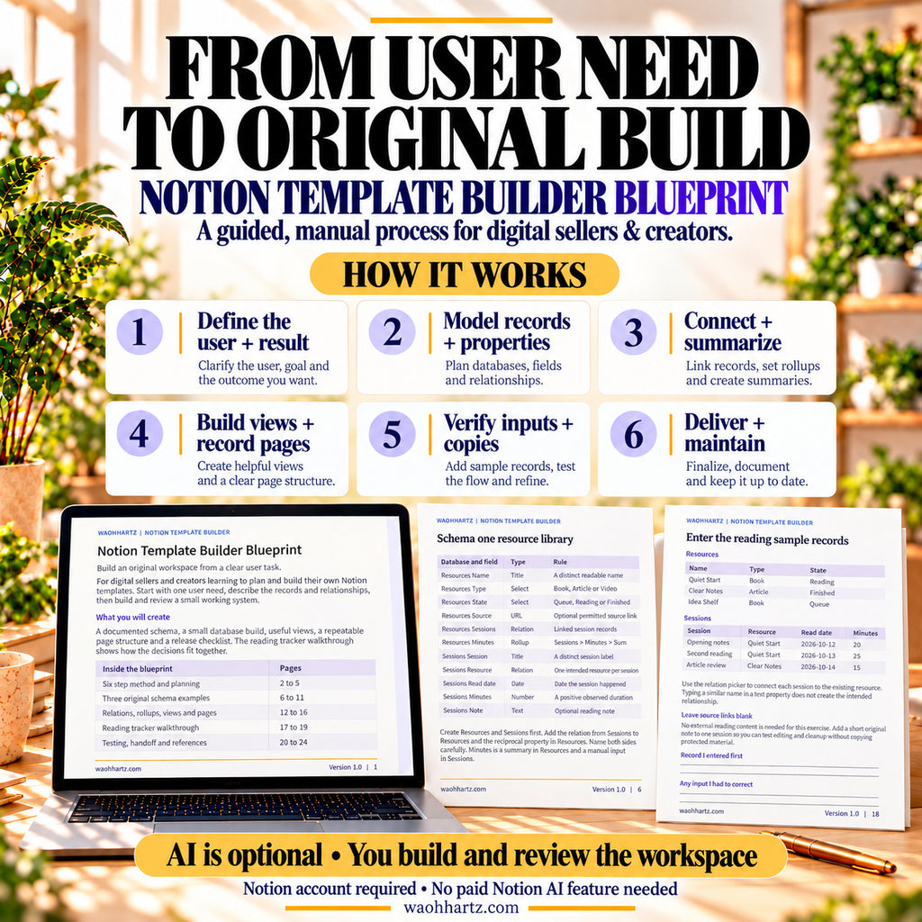 Six-step manual Notion workflow from defining a user need through building, testing and delivering an original template.